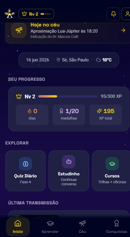 Home do Urânia Class mobile com cards Quiz Diário, Estudinho e Cursos no menu Explorar