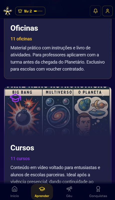 Tab Aprender do Urânia Class mobile mostrando Oficinas e Cursos com material das trilhas