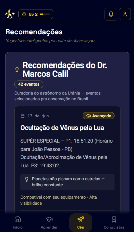 Tela Recomendações do Dr. Marcos Calil no Urânia Class mobile com 42 eventos selecionados